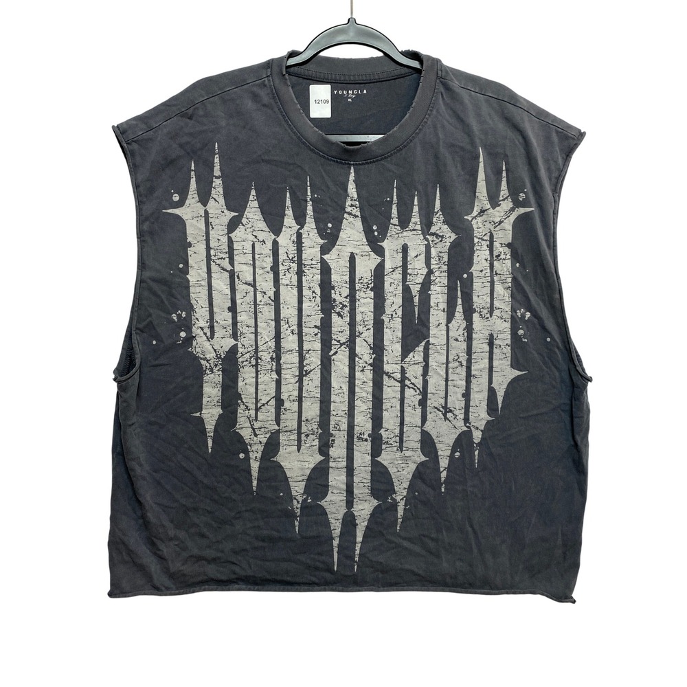YoungLA Muscle Tee Mens XL Gray #3021 Distressed Gothic Graphic Raw Hem